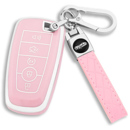Picture of XIYANG TRADE for Ford Key Fob Cover with Keychain, for Explorer Bronco Escape Edge Expedition Mustang F150 Fusion Ranger Lincoln Soft TPU Full Protection Key Case Remote Key Holder (Pink)