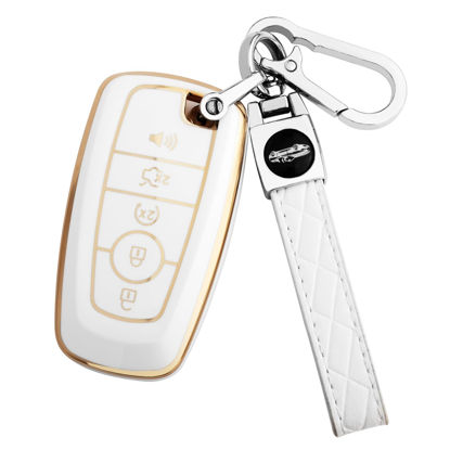 Picture of XIYANG TRADE for for Ford Key Fob Cover with Keychain,Key Case Shell Protector Holder for Ford Explorer Fusion Escape Edge Expedition Maverick Mustang Bronco F150 F250 F350 F450 F550 Lincoln (White)
