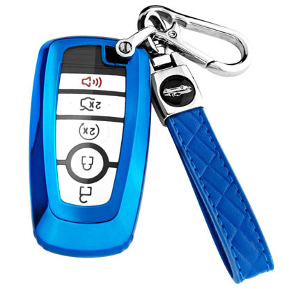 Picture of XIYANG TRADE for Ford Key Fob Cover with Keychain,Key Fob Cover Case Shell for Ford Explorer Fusion Escape Edge Expedition F150 F250 F350 F450 F550 Maverick Mustang 3/4/5 Buttons Smart Key (Blue)