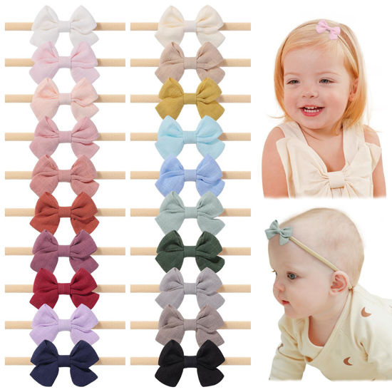 Picture of jollybows 20pcs Baby Girl Bow Headbands Newborn Nylon Hairband 2" Neutral Linen Infant Hair Bows