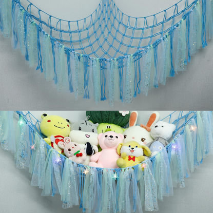 Picture of YELIENM Stuffed Animals Net or Hammock with LED Light, 59 inch Toy Hammock Net for Stuffed Animals Corner Hanging Stuffed Animal Storage Stuffed Animal Holder for Nursery Kids Bedroom (Blue)…