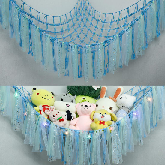 Picture of YELIENM Stuffed Animals Net or Hammock with LED Light, 59 inch Toy Hammock Net for Stuffed Animals Corner Hanging Stuffed Animal Storage Stuffed Animal Holder for Nursery Kids Bedroom (Blue)…