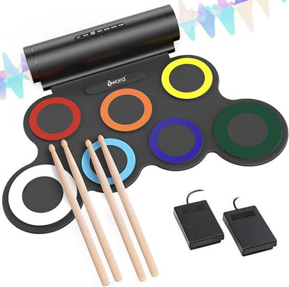 Picture of IWORD Electronic Drum Set, Roll Up Drum Practice Pad Midi Drum Kit with Headphone Jack Built-in Speaker Drum Pedals Drum Sticks 10 Hours Playtime,Great Holiday Birthday Gift for Kids (Colorful)