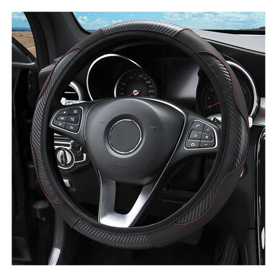 Picture of Car Steering Wheel Cover, Microfiber PU Leather Elastic Carbon Fiber Auto Steering Wheel Protector, 15 Inch Breathable Anti-Slip for Women Men, Car Interior Accessories for Most Cars (Black)