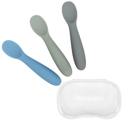 Picture of WeeSprout Baby Spoons for Self Feeding 6 Months +, Soft & Durable Silicone Utensils for Sensitive Gums & Teeth, Easy Grip Handles & Shorter Length for Little Hands, 3 Pack + Carrying Case