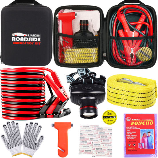 Picture of LIANXIN Car Roadside Emergency Kit, with Jumper Cables Automotive Kit,Car Safety Roadside Assistance Kit Headlamp,Tow Straps, Safety Hammers, Rainwear, Gloves.Black