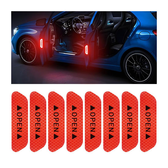 Picture of AUKEPO 8PCS Reflective Open Warning Stickers for Car Door, Night Visibility Auto Safety Prompt Decals, Anti-Collision Protective Strip Tape, Car Accessories Universal for Truck, SUV, Van (Red)