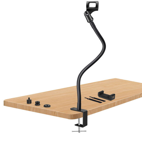 Picture of Prizmora Microphone Arm Stand Long 20.5'' Sturdy Gooseneck Mic Stand Adjustable Microphone Arm Stand Mic Holder Flexible STIFF Mike Stand Black Podium Compact Mic Arm for Desk Traveling