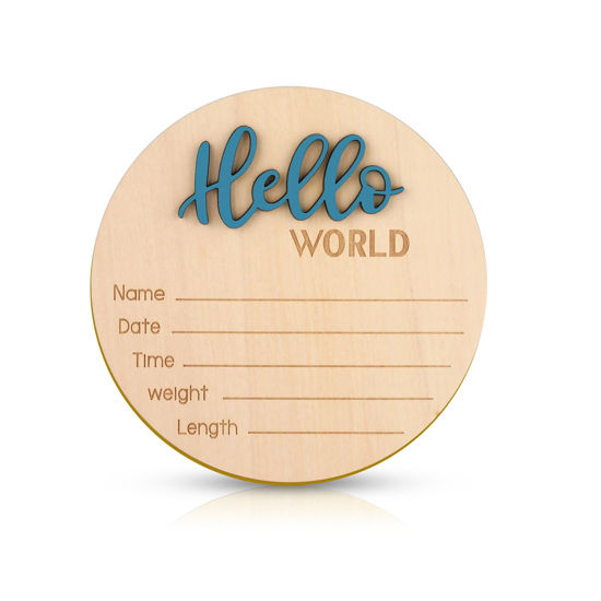 Picture of Baby Announcement Sign, 5.9 Inch Wooden Hello World Newborn Welcome Sign Birth Baby Name Plaques for Photo Props Baby Shower Hospital Nursery(Blue)