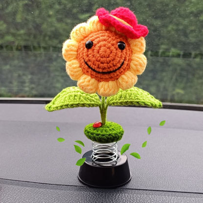 Picture of Levvohd Handmade Crochet Sunflower Car Dashboard Decorations Gifts for Women, Cute Sun Flower Hippie Car Bobblehead Dashboard Decor, Smiley Face Mini Sunflower Spring Desk Decorations
