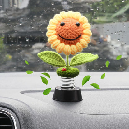 Picture of Levvohd Sunflower Car Dashboard Decorations, Dashboard Bobbleheads Knitted Flowers for Women Car Ornament Accessories (Handmade Round Eyes 1PCS)