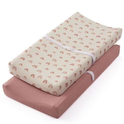 Picture of Blissful Diary Muslin Changing Pad Cover for Girls Boys, Ultra Soft Breathable Cotton, Baby Diaper Change Table Pad Covers, 2Pack (Dusty Pink&Rainbow)