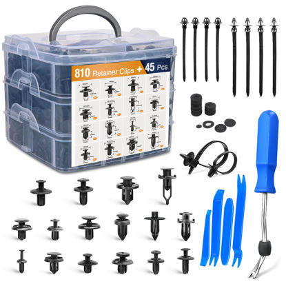 Picture of GOOACC 855Pcs Car Push Retainer Clips & Auto Fasteners Assortment -16 Most Popular Sizes Nylon Bumper Fender Rivets with Cable Ties and Fasteners Remover Fits for Toyota GM Ford Honda Acura Chrysler