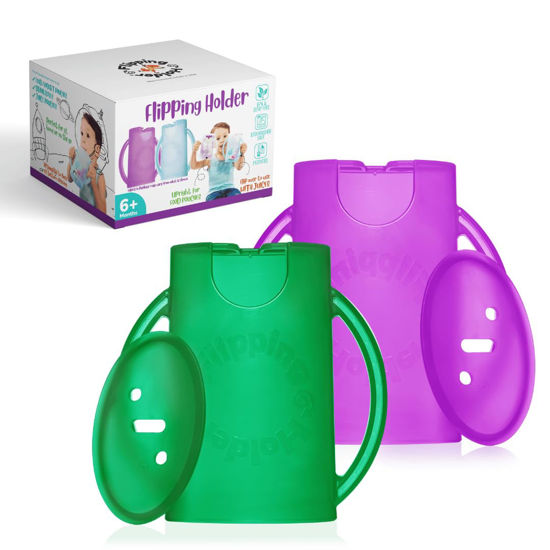 Picture of Flipping Holder Squeeze Proof Food Pouch Holder for Toddlers, Babies, Kids, Mess Free No Squeeze Juice Box Drink and Applesauce Snack Holder with Easy Grip Handles and Lid