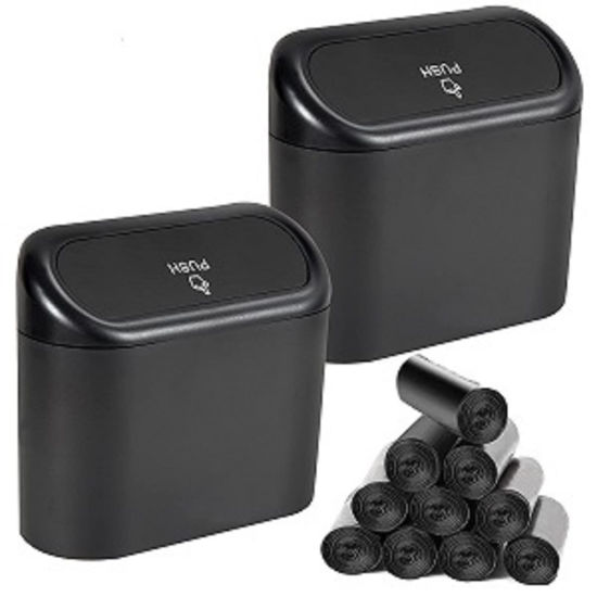 Picture of EnthuLove 2 Packs Mini Car Trash Can Bin with Lid and 150pcs Trash Bags,Car Trash Can Bin,Car Garbage Trash Can Storage for Front Back Seat Accessories (2)…