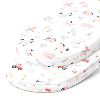 Picture of Bassinet Fitted Sheets for Chicco LullaGo Anywhere, Baby Bjorn Cradle and 14 x 29 Mattress Pad - Snuggly Soft 100% Jersey Cotton - Farm Animals - 2 Pack
