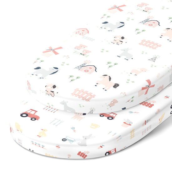 Picture of Bassinet Fitted Sheets for Chicco LullaGo Anywhere, Baby Bjorn Cradle and 14 x 29 Mattress Pad - Snuggly Soft 100% Jersey Cotton - Farm Animals - 2 Pack
