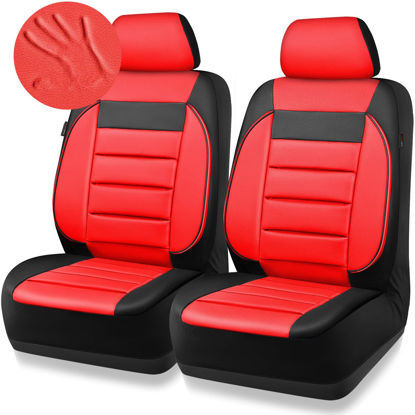 Picture of CAR PASS Leather Car Seat Covers Front Seats Only, Universal Fit Automotive Interior Waterproof 3D Foam Back Support Car Seat Covers for Trucks Vans and SUVs Airbag Compatible 2 Pieces （Black Red