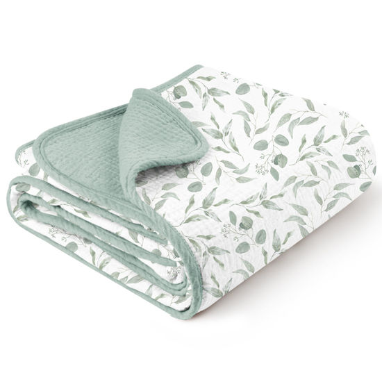 Picture of Konssy Muslin Baby Blankets for Girls, 100% Cotton Crib Blanket for Baby Infant Toddler, Super Soft and Lightweight Nursery Blankets 40"x36" (Green Leaves)