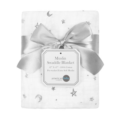 Picture of American Baby Company 100% Cotton Muslin Swaddle Blanket, Soft, Breathable & Lightweight, Gray Stars/Moon, 47" x 47" for Boys and Girls, Perfect for Swaddling, Travel and Gifting