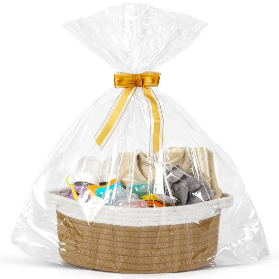 Picture of LANDNEOO Small Woven Basket with Gift Bags and Ribbons, Empty Decorative Gift Chest Box, Cute Baby Gift Basket for Nursery, Cotton Rope Room Shelf Storage Basket with Handles, 12"x 8"x 5", Yellow