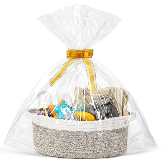 Picture of LANDNEOO Small Woven Basket with Gift Bags and Ribbons, Empty Decorative Gift Chest Box, Cute Baby Gift Basket for Nursery, Cotton Rope Room Shelf Storage Basket with Handles, 12"x 8"x 5", Brown