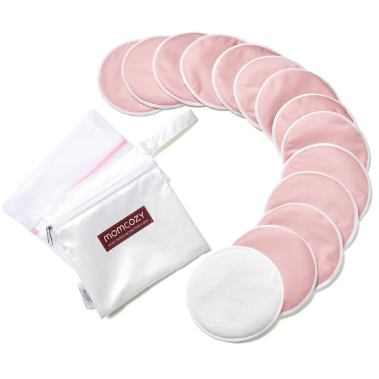 Picture of Momcozy Reusable Nursing Pads, Innovative Use of One Way Moisture-Wicking Fabric & 3-Layer Washable Breast Pads, Ultra-Thin Design, Light and Unburden, 14 Pack + Wet & Dry Separation Bag + Wash Bag