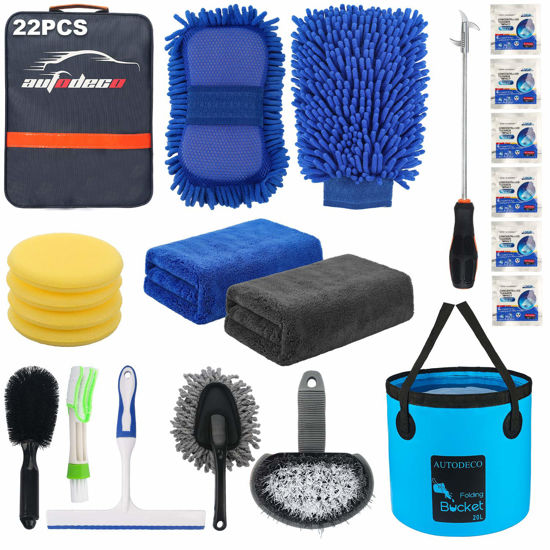 Picture of AUTODECO 22Pcs Car Wash Cleaning Tools Kit Car Detailing Set with Blue Canvas Bag Collapsible Bucket Wash Mitt Sponge Towels Tire Brush Window Scraper Duster Complete Interior Car Care Kit