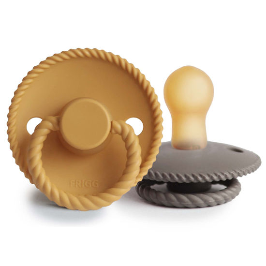 Picture of FRIGG Rope Natural Rubber Baby Pacifier | Made in Denmark | BPA-Free (Honey Gold/Portobello, 0-6 Months)