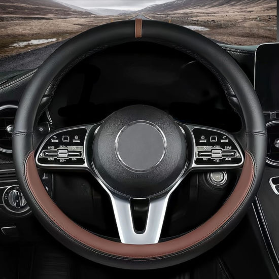 Picture of Custom fit for BMW Car Steering Wheel Cover, Nappa Leather Car Steering Wheel Cover Non-Slip Steering Wheel Cover, Designed for BMW Interior Accessories (Brown,for BMW)