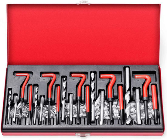 Picture of Metric Helicoil Thread Repair Kit: 131-Piece Heli Coil HSS Drills Inserts Taps & Tools M5 M6 M8 M10 M12 Automotive Engine Spark Plug Cylinder Insertion Rethreading Tools Universal Rethread Restorer