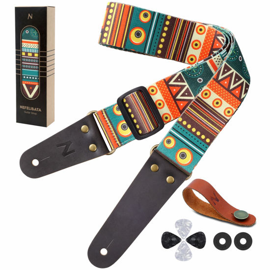 Picture of Nefelibata Guitar Strap, Nylon Print Guitar Straps with Head Cowhide Leather Ends for Bass, Electric & Acoustic Guitars, Free Strap Button, 1 Pair Strap Locks and 4 Guitar Picks