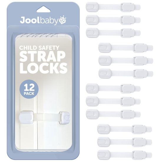 Picture of Child Safety Strap Locks (12 Pack) Baby Proof Cabinets, Drawers, Fridge, Toilet & Trash Cans - 3M Adhesive Childproof Locks - Jool Baby