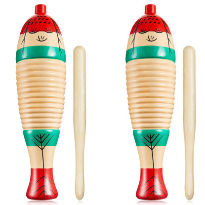 Picture of 2 Pieces Colorful Fish Shaped Guiro Instrument Latin Percussion Musical Instruments Wooden Frog Instrument Musical Percussion Instruments for Adults Kids with Rhythm Sticks