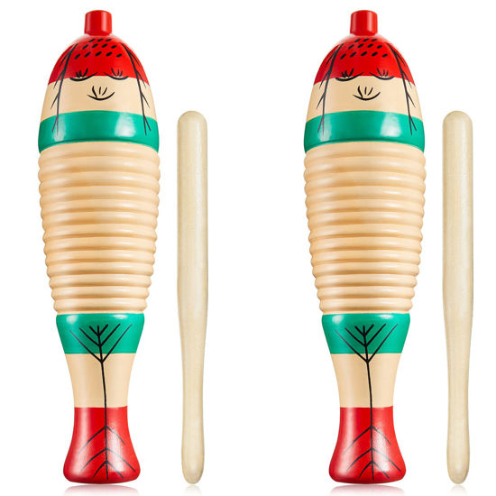 Picture of 2 Pieces Colorful Fish Shaped Guiro Instrument Latin Percussion Musical Instruments Wooden Frog Instrument Musical Percussion Instruments for Adults Kids with Rhythm Sticks
