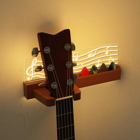 Picture of CoolGift Mart Light Up Guitar Stand Wall Mount, Solid Wood Guitar Hanger Shelf Accessories with Pick Holder, for Acoustic Electric Bass Ukulele Violin, Gift for Men Boyfriend Music Lovers Guitar Players Guitarist