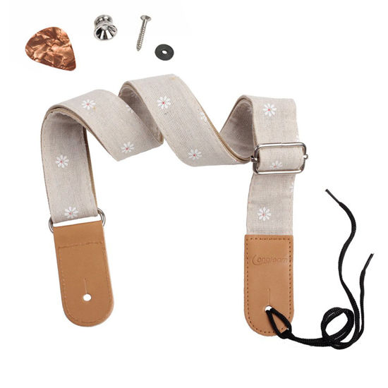 Picture of HOT SEAL Linen Style Adjustable Genuine Uke Leather Metal Hook Ukulele Strap Strong Back Straps (Linen Daisy)