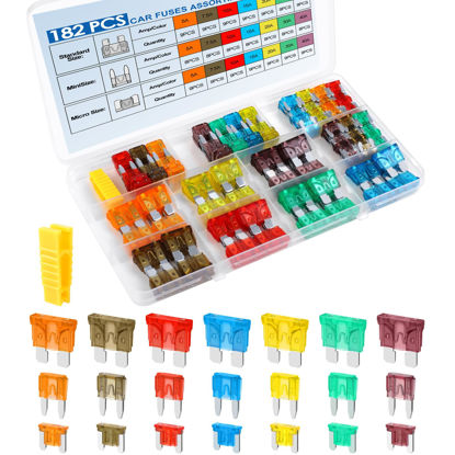 Picture of 182PCS Car Fuses Assortment Kit, Professional Blade Fuses Automotive - Standard & Mini & Low Profile Mini Fuse (5A/7.5A/10A/15A/20A/30A/40A), cooclensportey Mixed Auto Fuses for Boat, Auto, RV, Truck