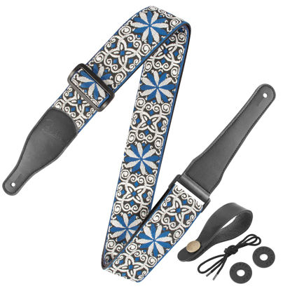 Picture of Guitar Strap, Jacquard Embroidered Cotton Straps with Genuine Leather Ends Shoulder Strap for Bass, Acoustic, Electric Guitar (Retro Blue)