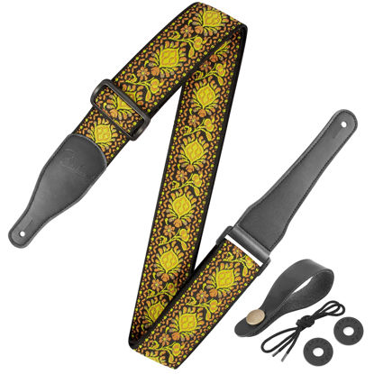 Picture of Guitar Strap, Jacquard Embroidered Cotton Straps with Genuine Leather Ends Shoulder Strap for Bass, Acoustic, Electric Guitar (Retro Yellow)