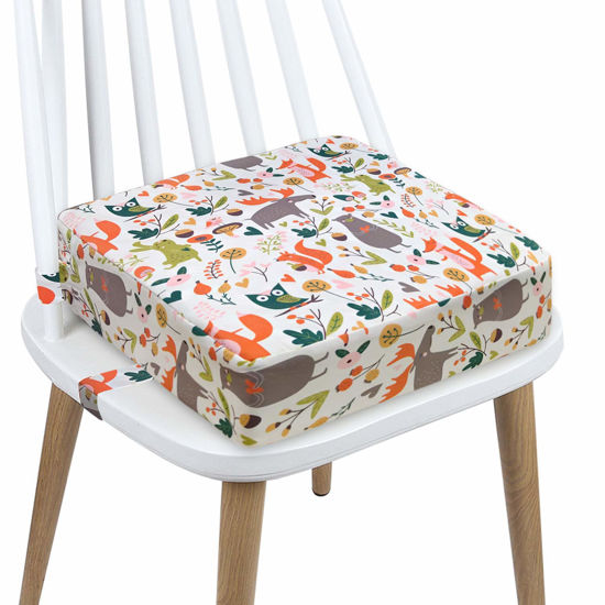 Picture of Toddler Booster Seat Dining, Cartoon Canvas Washable 2 Straps Safety Buckle Kids Booster Seat for Dining Table, Portable Travel Increasing Cushion (Animals-White)