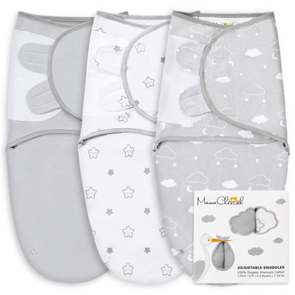Picture of Baby Swaddle Blanket, Swaddle Wrap for Newborn and Infant, Adjustable Swaddle Set for Baby Boy and Girl, 3 Pack Soft Organic Cotton, Large (3-6 Months), Grey and White