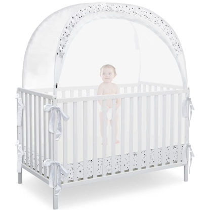 Picture of L RUNNZER Baby Pop Up Crib Tent, Crib Net to Keep Baby from Climbing Out, Crib Canopy Cover Against Falling and Bites, Strong Frame & Soft Breathable Mesh, White+stars