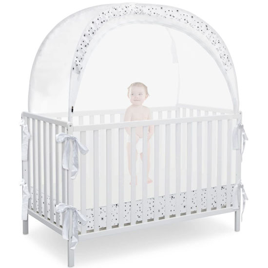 Picture of L RUNNZER Baby Pop Up Crib Tent, Crib Net to Keep Baby from Climbing Out, Crib Canopy Cover Against Falling and Bites, Strong Frame & Soft Breathable Mesh, White+stars