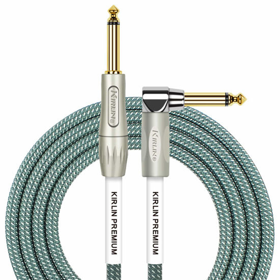 Picture of Kirlin Cable IWB-202PFGL-10/OL -10 feet- Straight to Right Angle 1/4-Inch Plug Premium Plus Instrument Cable, Olive Green Tweed Woven Jacket