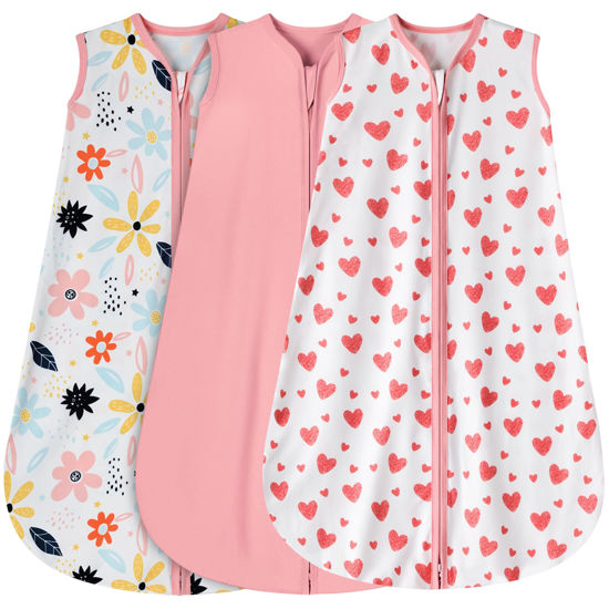 Picture of BSTOPPT 3 Pack Baby Sleep Sack 6-12 Months 100% Rayon Cotton Baby Sleeping Bag 2-Way Zipper Toddler Wearable Blankets TOG 0.3 （Heart&Pink&Floral）