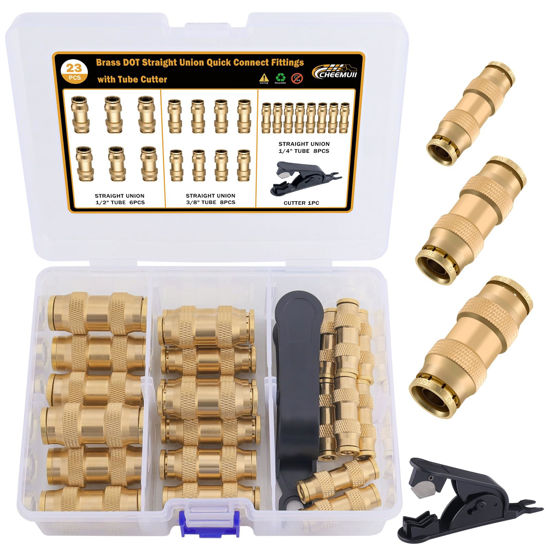 Picture of CheeMuii 23 PCS Brass DOT Air Line Fittings Kit 1/4 3/8 1/2 DOT Quick Connect Air Fittings Straight Union Push to Connect Air Hose Fittings for Semi Truck Trailers Air Brake System