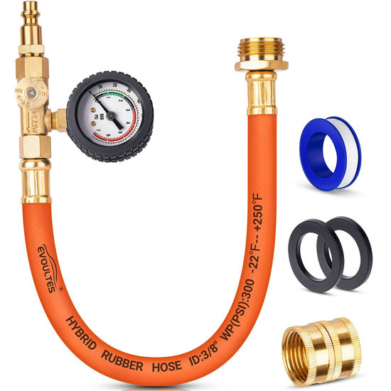 Picture of EVOULTES Brass RV Winterizing Kit with Pressure Guage, 17 Inch Garden Hose with 3/4" GHT Blow Out Fitting Adaptor & 1/4" NPT Quick Connect Plug, Sprinkler Blowout Adapter for Camper, Travel Trailer