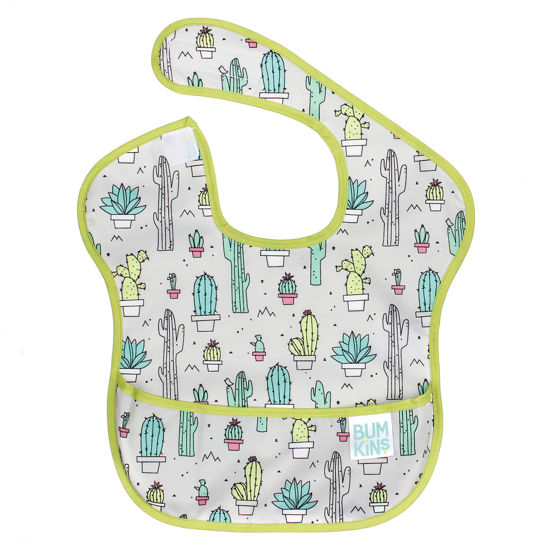 Picture of Bumkins Bibs for Girl or Boy, SuperBib Baby and Toddler 6-24 Months, Essential Must Have for Eating, Feeding, Baby Led Weaning Supplies, Mess Saving Catch Food, Waterproof Soft Fabric, Green Cactus