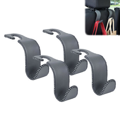 Picture of Amooca Car Seat Headrest Hook Universal Vehicle Storage Hanger Leather with Metal Car Seat Back Organizer for Handbag Purse Coat Grey 4 Pack